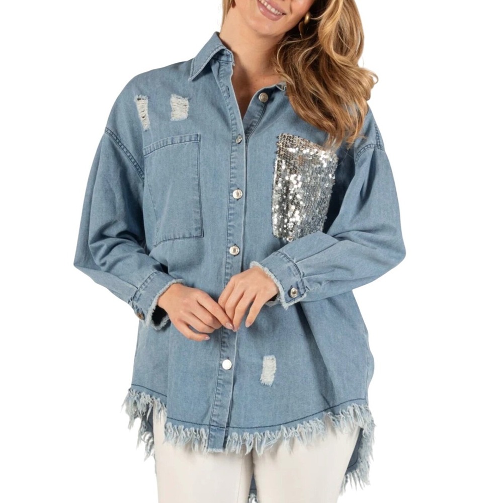 Before You With Love Denim Shacket Women Small Blue Sequin Pocket Distressed New